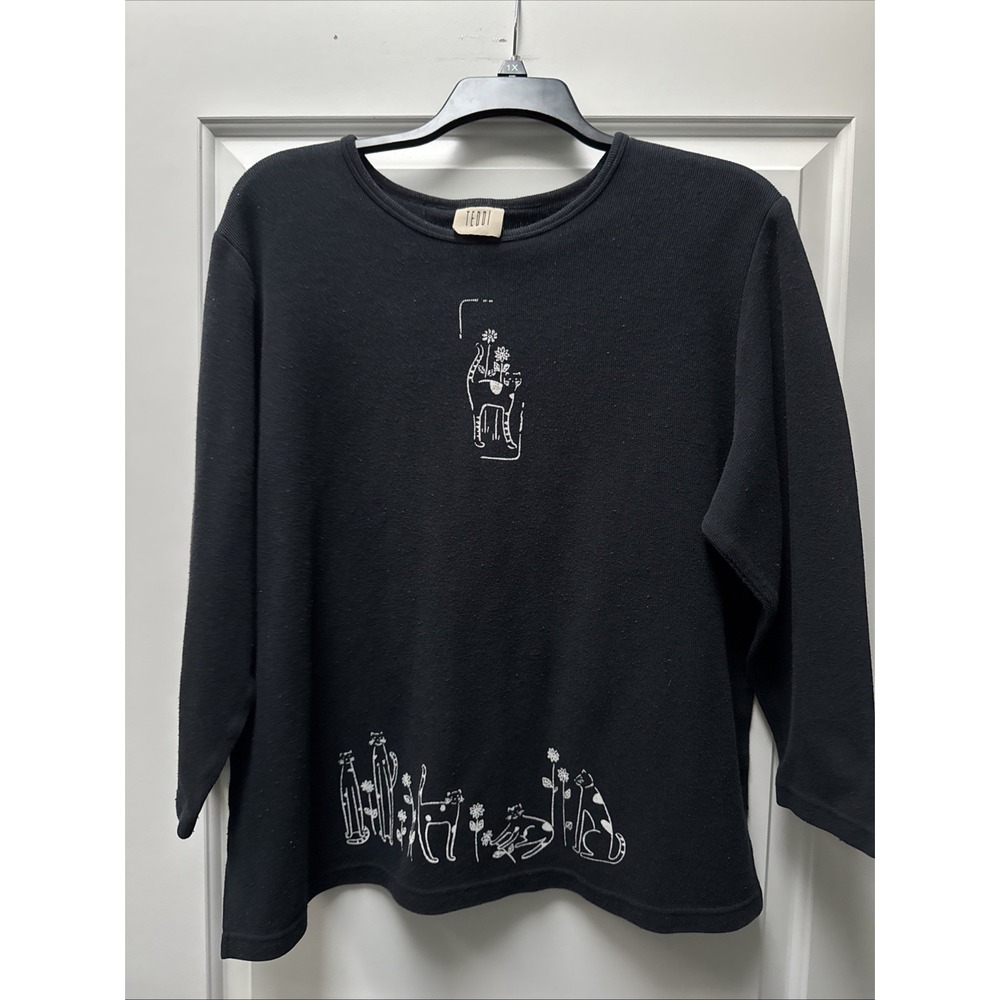 Teddi Cat Knit Shirt Women's 1X Black GrannyCore Grandma Shirt VTG 80s